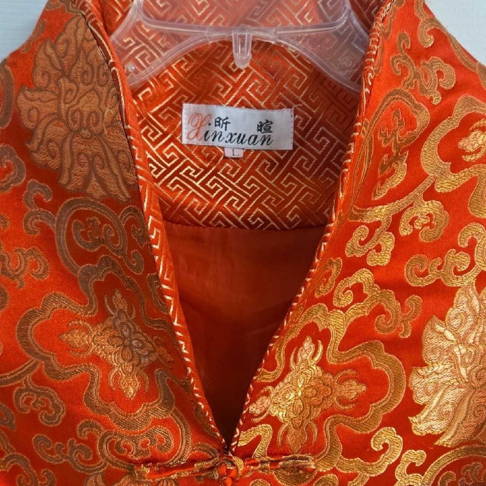 Vibrant Red and Gold Chinese Brocade Satin Jacket - Picture 2 of 5